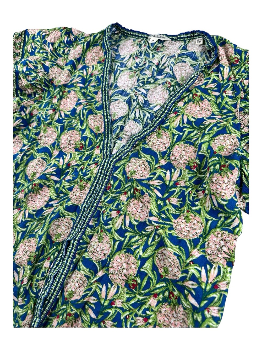Max Studio London Floral Tie Front Blouse XS Blue Green Boho - Picture 5 of 12